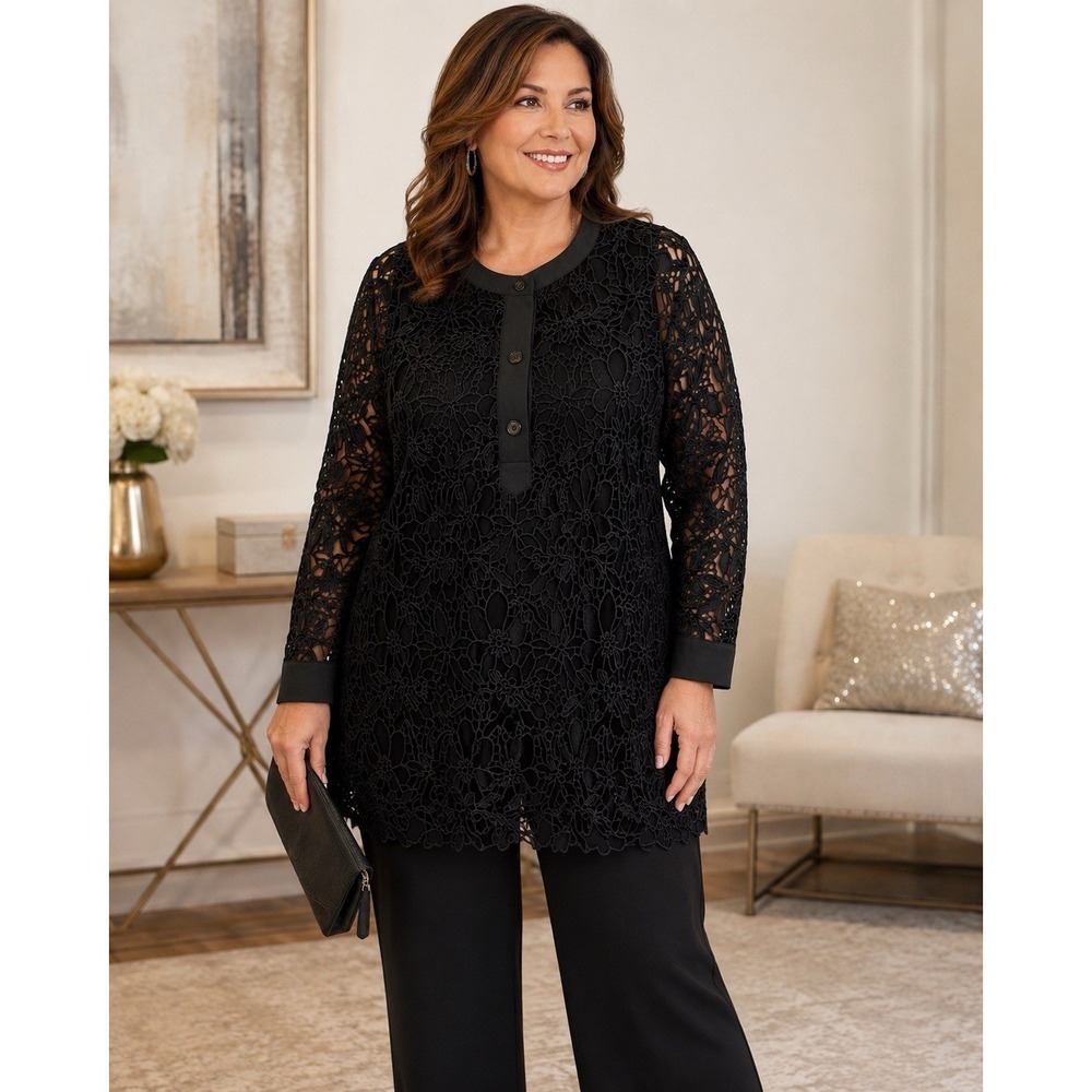 Soft Surroundings Floral Embroidered Blouse & Cami Set Black Sheer Lace Sz 2X